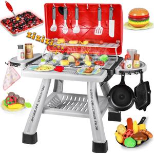 2025 Kids Play Kitchen Toy Grill BBQ Kitchen Playset Outdoor Toy with Smoke Light Outside Pretend Play Food Toys Cooking Set 2-Layer Barbecue Gifts for Toddler Boys Girls 3-5 6 7 8