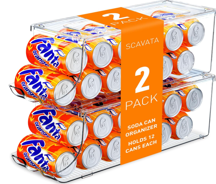 SCAVATA 2 Pack Skinny Can Organizer for Refrigerator, Stackable Tall Skinny Soda Pop Can Holder Dispenser with Lid for Fridge Pantry Rack Freezer, Clear Plastic Storage Bins-Holds 12 Slim Cans Each