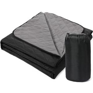HURRISE Quilted Fleece Camping Blanket, Polar Fleece Lining, Large Size, Drawstring Sack, for Camping, Picnic, Stadium (Black)
