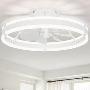 Bladeless Ceiling Fan with Lights, 19.7'' 3000-6000K Dimmable 6 Wind Speed Low Profile Led Ceiling Fan, Reversible DC Motor Modern Flush Mount Indoor Kitchen Bedroom Fandelier Ceiling Fans (White-Style 2)