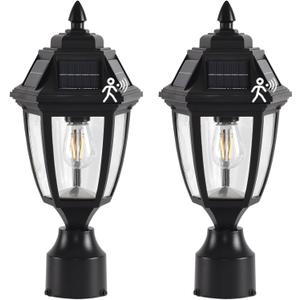 Solar Post Lights 2 Pack, Motion Sensor Post Lantern Without Pier Mount Base, Waterproof Solar Powered Pole Light Fixture for Patio Yard Garden