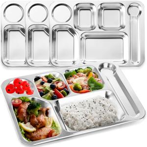 4 Pack Stainless Steel Divided Plates Tray, 6 Sections Rectangular Dinner Plates Control Plates for Adults, Picky Eaters, Campers, Diet Food Portion Control