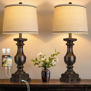 28'' Farmhouse Bedside Lamps Set of 2, Black Gold Table Lamps for Nightstand, Desk Lamps with Linen Shades, Table Lamps with USB A+C Port, Nightstand Lamps for Bedroom, Rocker Switch, Bulb Included
