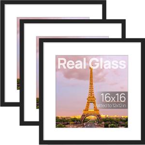 upsimples 16x16 Picture Frame Set of 3, Made of High Definition Glass for 12x12 with Mat or 16x16 Without Mat, Wall and Tabletop Display Photo Frames, Black