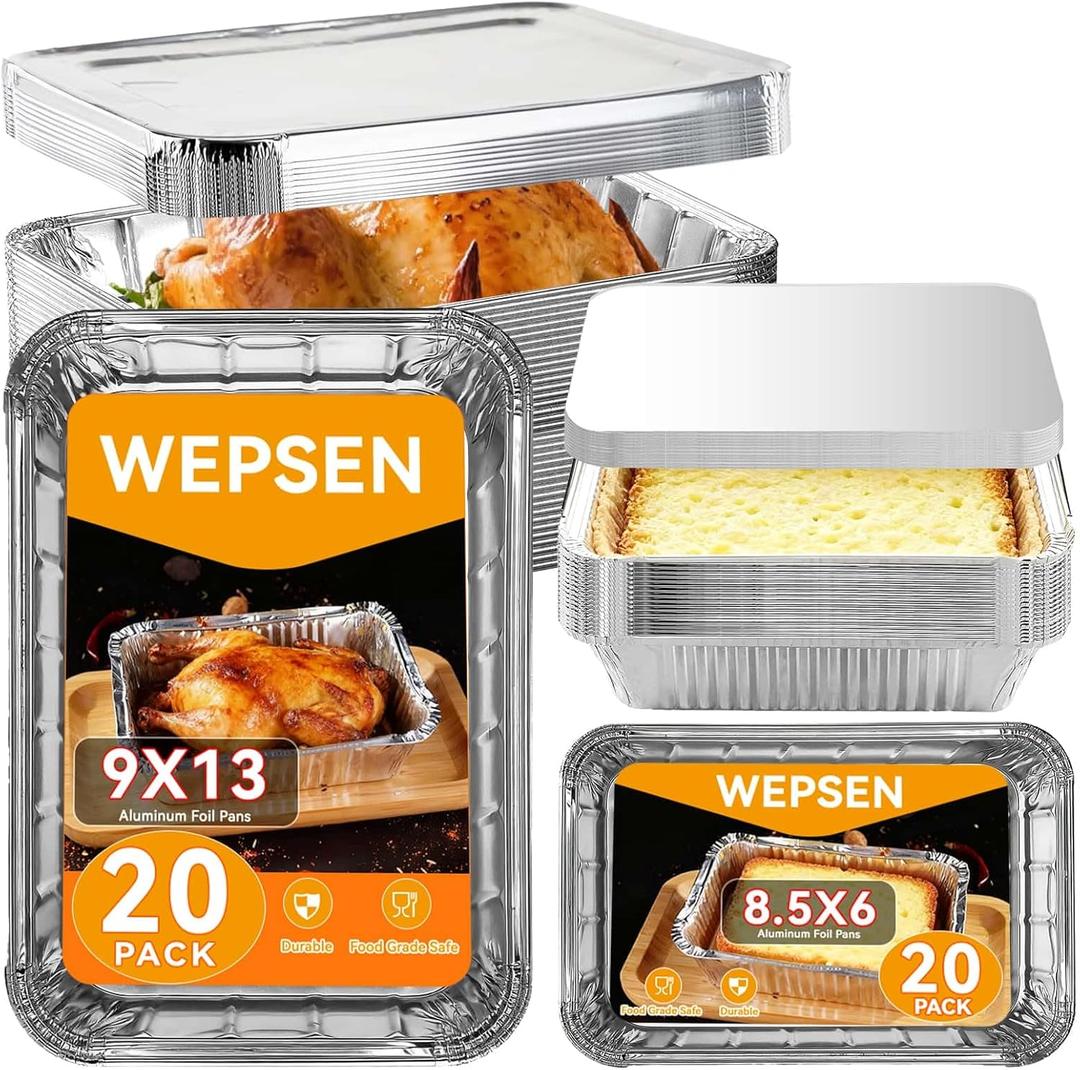40 Pack Aluminum Pans with Lids,20 Large 9x13" Aluminum Pans Disposable (10 Heavy Duty Lids) & 20 Medium 8.5x6" Foil Pans (20 Foil Covers), Aluminum Trays With Lids for Baking, Meal Prep, Takeout