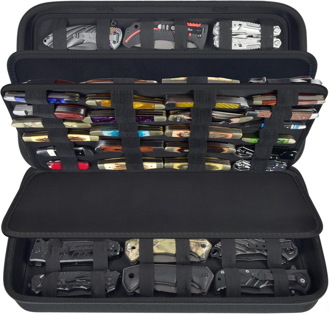 Display Case for 66+ Pocket Knives. Folding Knife Holder, Butterfly Knives Storage Organizer, Knives Roll Collection Pouch Carrier Bag for Survival Tactical Outdoor for EDC Mini Knife (Box Only)