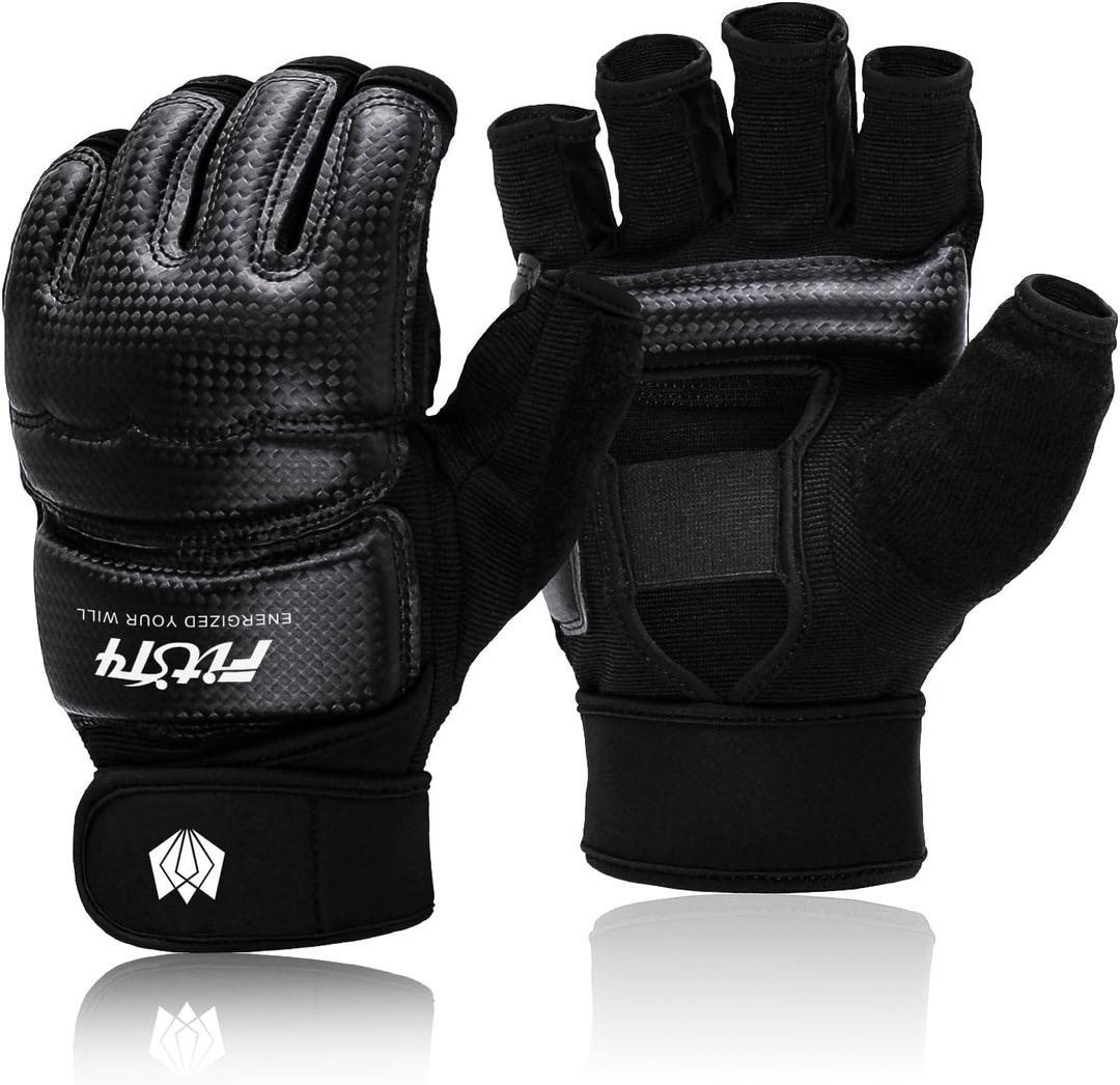 FitsT4 Half Mitts UFC MMA Training Boxing Punch Bag Kickboxing Sparring Grappling Martial Arts Muay Thai Taekwondo Wrist Wraps Support Gloves for Women Men Kids Black XL