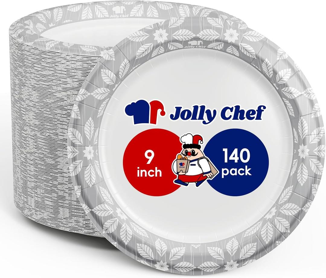 JOLLY CHEF 9 inch 140 Pack Disposable Paper Plates,Soak Proof, Cut Proof, Heavy Duty Printed Paper Plates for Everyday Use