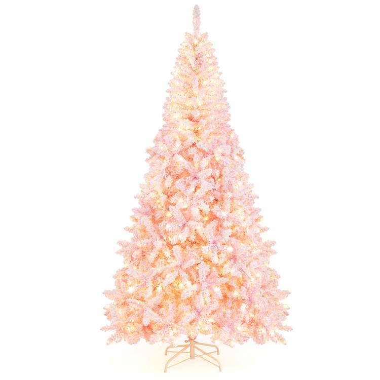 7.5FT Pre-Lit Snow Flocked Pink Christmas Tree 1100 Tips W/ 450 Lights & 8 Modes