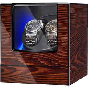 BEWISHOME Watch Winder for Automatic Watches, Automatic Watch Winder Box Watch Spinner with LED Light, Double Watch Winder with Quiet Motor Wooden 4 Modes Battery or Type-C Adapter, Brown SYQ02Y