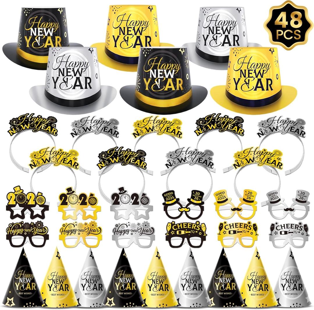 48PCS New Years Eve Party Supplies 2026 for 24 Guests, Happy New Years Decorations Party Favors Includes Top Hats, Tiaras, Glasses Accessories for Adults Nye Decorations 2026
