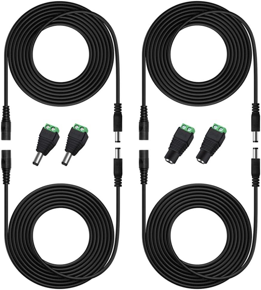 4PCS 10FT(3m) 12V DC Power Extension Cable with Power Jack Adapter Connectors(2 x Male + 2 x Female) 5.5mm x 2.1mm DC Power Adapter Extension Cord and Cable Wire Ends Plug HE016-4