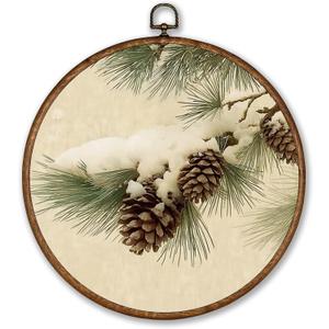 Voxitura Winter Snowy Pine Cone Branches Wall Art Round Framed, Vintage Christmas Snowy Snow Tree Wall Decor Canvas Hanging Living Room, Rustic Beige Prints Artwork Decorations for Bedroom 10x10in