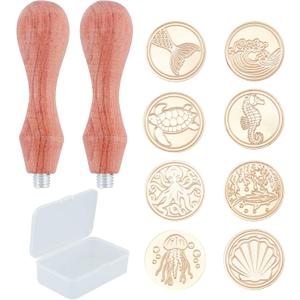 CRASPIRE 10Pcs/Box Ocean Sea Animal Wax Seal Stamp Kit Whale Seahorse Turtle Shell 25mm Brass Sealing Stamps Removable Heads 2Pcs Wood Handles for DIY Scrapbooking Invitation Gift WrapWine Envelopes