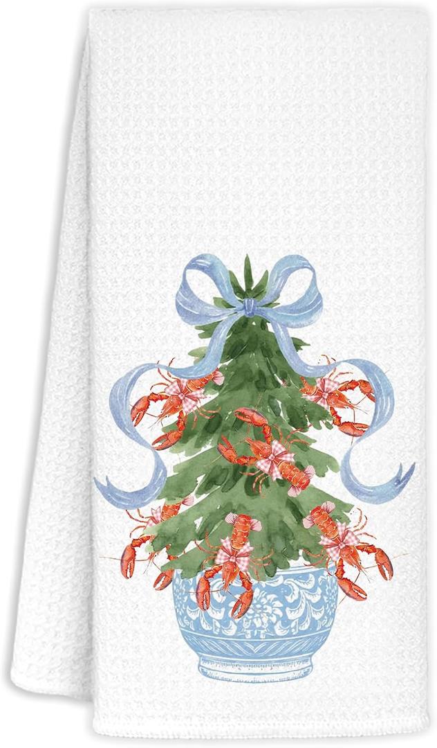 Christmas Chinoiserie Kitchen Towels Decor,Blue Bow Christmas Tree Towels Gifts,Red Lobster Christmas Hand Towels for Bathroom Kitchen,Grandmillennial Decor,16x24 Inches