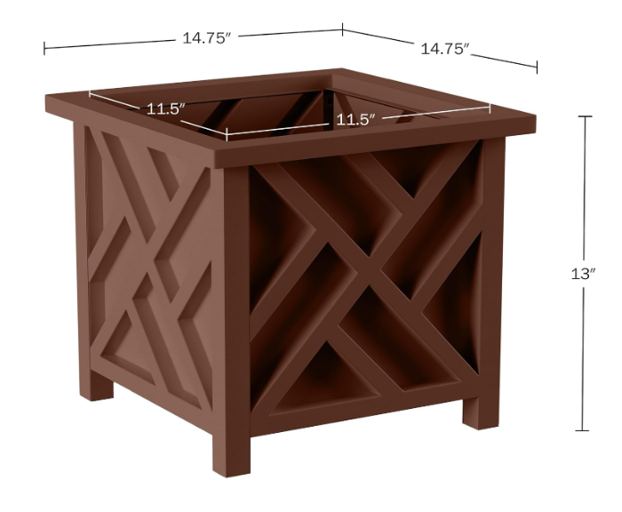 Lattice Design Outdoor Planter Box 2-Pack - 14.75 Square 13 Tall Brown Decorative Plant Pots for Front Porch Decor - Flower Pots Outdoor Planters for Porch Patio or Garden Decor by Pure Garden, Pack of 1