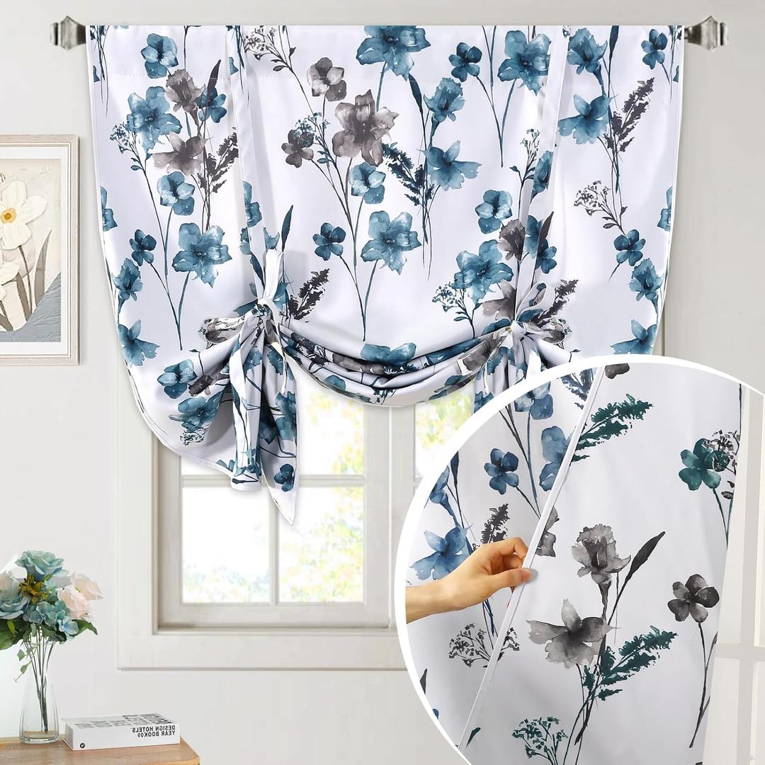 H.VERSAILTEX Reversible Tie Up Curtains Cattleya Floral Printed Rod Pocket Panel for Small Window - Reversible in Blue/Teal- 42" Wide by 45" Long