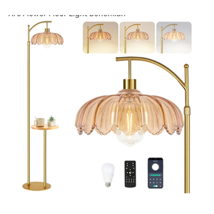 Gold Floor Lamp with Table and Shelves for Living Room Bedroom,Glass Standing Lamp with Remote Dimmable,Boho Brass Tall Lamp Vintage Farmhouse Arc Flower Floor Light Bohemian