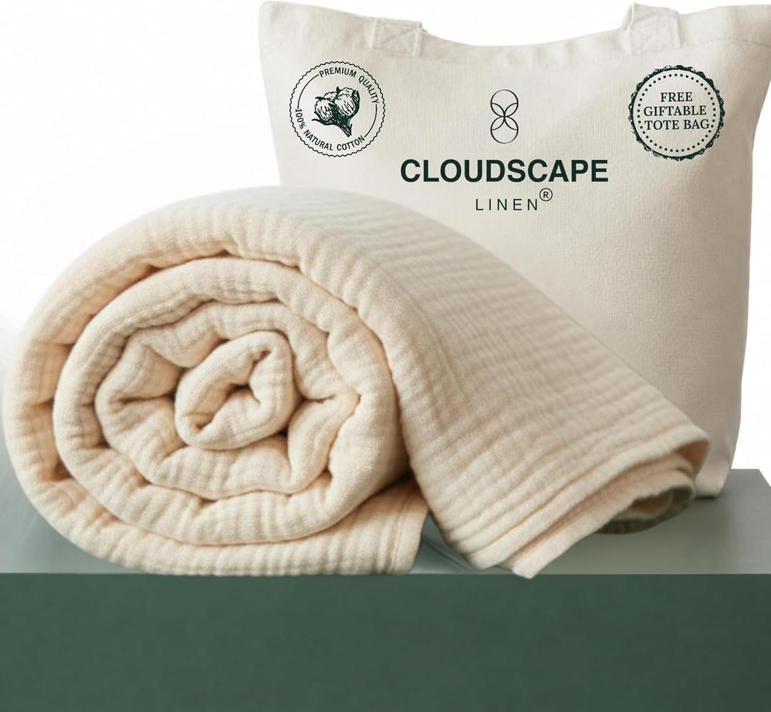 CLOUDSCAPE 4 Layer Muslin Blanket for Adults, 100% Cotton Blanket King Size, 92" x108'' Fits Upto Cal King Bed, All Season, Soft Lightweight, Breathable Layering Cotton Summer Blankets - Ivory