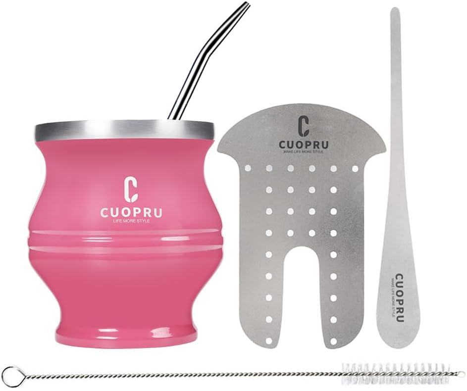 Yerba Mate Cup - Mate Gourd Set Includes Double Walled Stainless Steel Tea Cup, Tea Shaper set, Bombilla Straws, Cleaning Brush (Red)