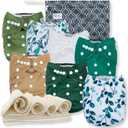 Nora's Nursery Morning Dew Cloth Diapers 7 Pack with 7 Inserts & 1 Wet Bag - Waterproof Cover, Washable, Reusable & One Size Adjustable Pocket Diapers for Newborns and Toddlers - Sage and Sea