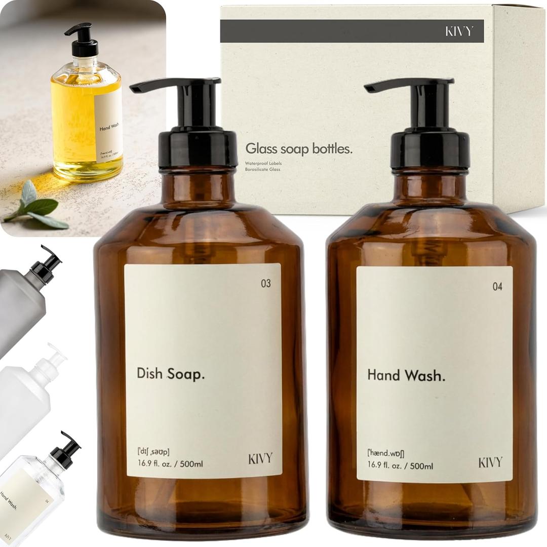 KIVY Glass Soap Dispenser Set [INCL. Waterproof Labels] - Brown Glass Soap Dispenser with Pump - Hand Soap and Dish Soap Set - for Kitchen, Shower & Bathroom (2X 16oz)