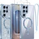 Meifigno Case for Samsung Galaxy S25 Ultra 6.9 inch, [Compatible with MagSafe] [2X HD Screen Protectors] [Glitter Card & Wrist Strap] Full Lens Protection Case for Galaxy S25 Ultra, Silverblue