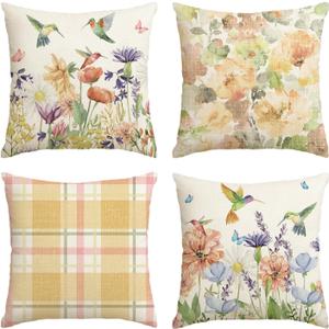 AVOIN colorlife Hummingbird Spring Flowers Throw Pillow Covers, 18 x 18 Inch Watercolor Orange Summer Cushion Case Decoration for Sofa Couch Set of 4