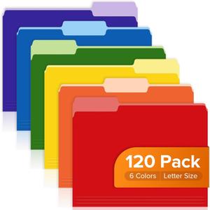 SpringFlower File Folders, 120 Pack File Folders Letter Size, 6 Assorted Colored File Folders, 1/3 Cut Tab, File Folder Bulk for Office School Business