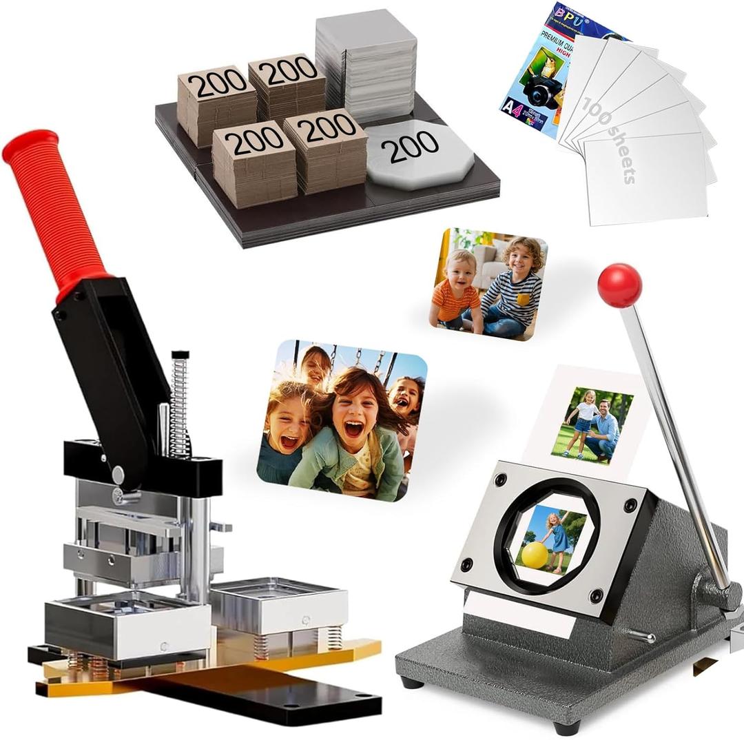 2x2inch Square Fridge Magnet Maker Machine Kit, 50 * 50mm DIY Photo Refrigerator Sticker Badge Press Machine with Paper Cutter, 200 Cardboard Magnet Materials, 100 Photo Paper