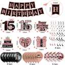 15th Birthday Decorations for Girls,51Pcs PRE-STRUNG Rose Gold Black Party Set-15 Years Old Crown and Sash,Banner Backdrop Balloons Candle Hanging Swirls Paper Fans,PRE-ASSEMBLED