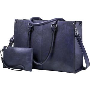 LOVEVOOK Laptop Tote Bag for Women, 15.6 Inch Large Capacity Vintage Leather Work Computer Bag, Business Casual Shoulder Handbag, Indigo Ink