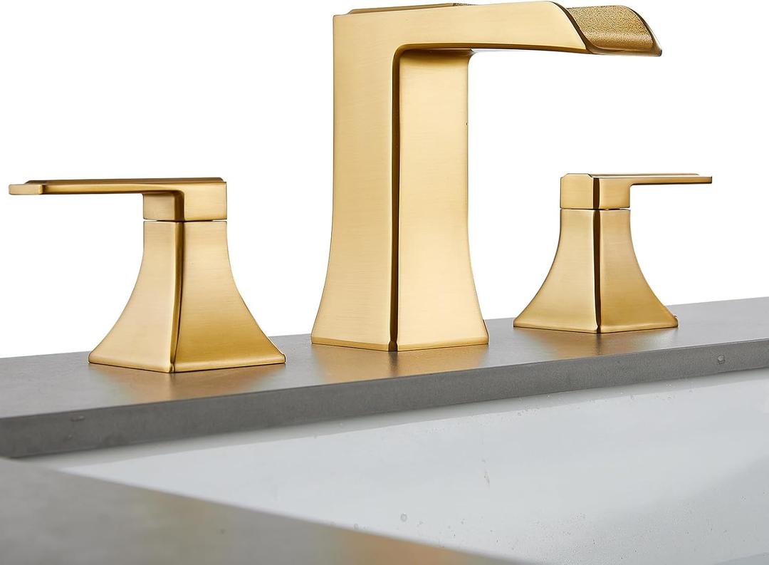Widespread Bathroom Faucet 3 Hole, Brushed Gold Bathroom Sink Faucet, Waterfall Bathroom Faucet, Two Handle Vanity Faucets for Sink 3 Hole with Pop Up Drain