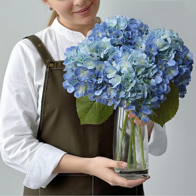 IYGWQWO 4pcs Blue Hydrangea Artificial Flowers, Faux 20in Real Touch Fake Dried Hydrangea Washable Real Touch Flowers Full Petals Berry with Stems Table Kitchen Silk Bouquet Arrangements