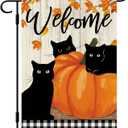 DLZDN Fall Black Cat Garden Flag Thanksgiving Garden Flag Autumn Pumpkins Welcome Yard Flag 12x18 Inch Vertical Double Sided Farmhouse Holiday Outside Decoration Burlap Yard Flag