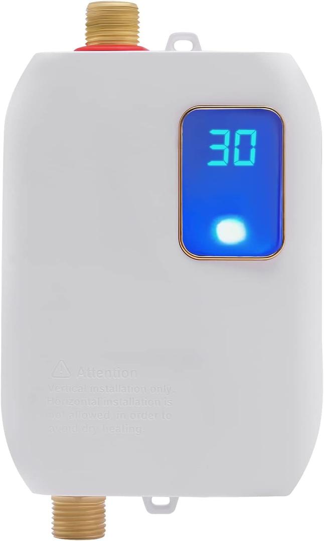 Electric Tankless Water Heater 3000W 110V Bathroom Kitchen Instant Hot Water Heater with LED Display for Daily Washing, RVs, Bars, Schools, Hospitals, 4.6 * 2.8 * 6.3inch (White)