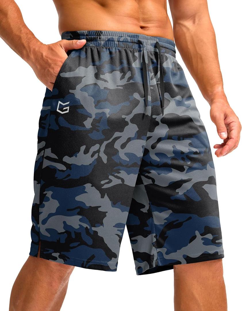 G Gradual Men's Athletic Shorts with Pockets 11" Long Basketball Shorts Lightweight Quick Dry Gym Workout Shorts for Men (Blue Camo), 4XL