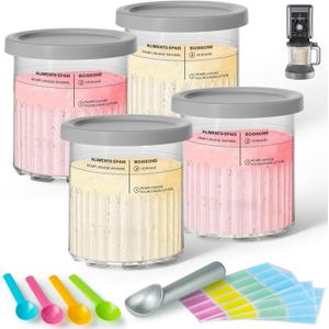 GuanQiao 4 Pack Creami Deluxe Pints & Lids for Ninja, 24 Oz Compatible with NC500 NC501 Series Ice Cream Makers, with 5 Spoons & 64 Writable Labels, BPA-Free & Dishwasher Safe, Gray