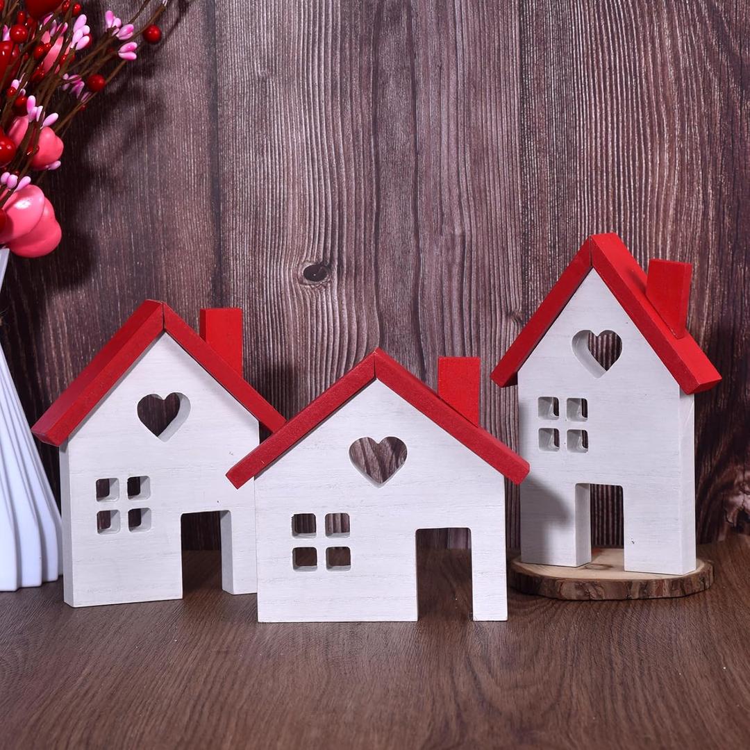 Valentine's Day Decorations - 3PCs Rustic Wooden House Block Signs, Wood House Cutouts for Holiday Decorations, Valentines Tiered Tray Centerpiece, Christmas Village, Farmhouse Tabletop Decor (white)