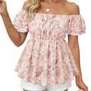 Women's Off Shoulder Boho Floral Blouse Short Sleeve Flowy Dressy Casual Top (L)