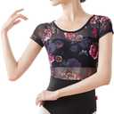 Daydance Black Women Leotards for Ballet, Flower Print Open Back Dance Wear