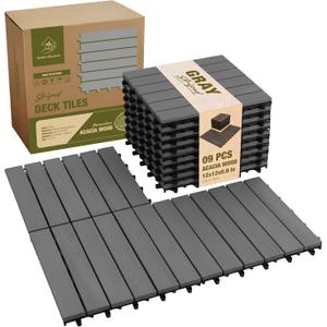 Premium Acacia Wood Interlocking Deck Tiles, 9 PCS 12"x12"x0.9" Patio Flooring, Outdoor Waterproof Decking Tiles for Balcony, Backyard & Patio, All Weather Use (Gray - Striped Pattern)