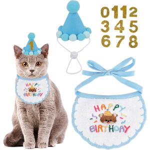 PTDECOR Cat Birthday Party Supplies, Blue Hat with Numbers Cat Bandana Pet Decorations for Kitten Birthday Outfits (Blue)