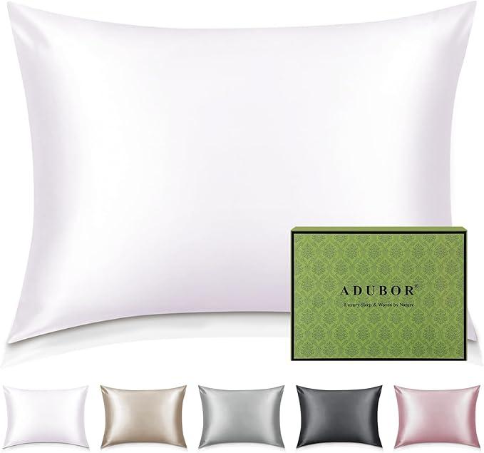 Adubor 100% Silk Pillowcase - Mulberry Silk Pillow Cases, 22 Momme 6A Grade Fibers, Silk Pillow Case for Hair and Skin Health, with Hidden Zipper (Standard 20''×26'', White, 1PC)