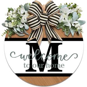Last Name Round Front Door Wreath Decor for All Year, 26 Initial Letter Wreaths for Front Door Welcome Garland and Eucalyptus Hanging Gift for Farmhouse House Welcome Sign for Spring Summer Winter Used (M) (12*12IN)