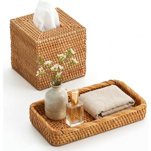 Teenyyou 2 Pcs Rattan Toilet Vanity Tray & Square Tissue Box Cover Set, Handwoven Natural Wicker Countertop Organizer, Decorative Storage for Bathroom, Bedroom, Kitchen & Office(Natural Color)