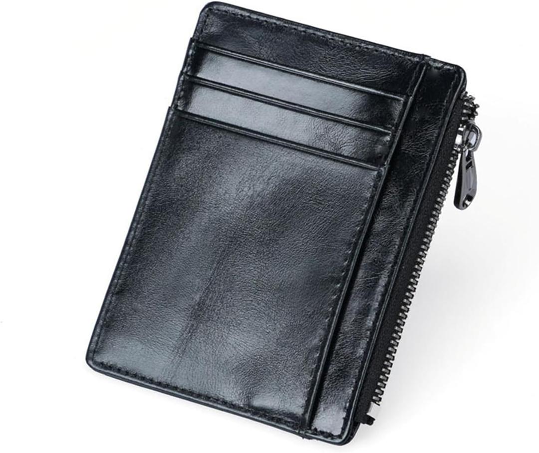 Slim Card Holder Wallet For Men & Women, Small Minimalist Genuine Leather Wallet Compact RFID Blocking Card Case With Zipper Pocket