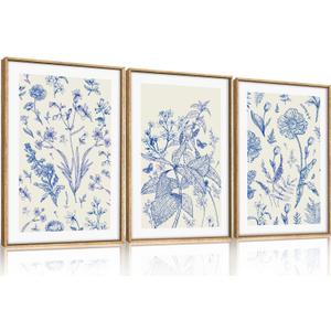 KAIRNE Blue and White Floral Wall Art Set of 3-16x24 Inch Chinoiserie Framed Canvas Art Prints, Navy Watercolor Botanical Flower Painting, Wildflower Decor for Living Room, Bedroom, Bathroom, Home