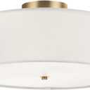 Globe Electric 2-Light Flush Mount Ceiling Light, Matte Brass Finish, White Linen Shade, E26 Base, Dimmable, Minimalist Home Lighting, 60998