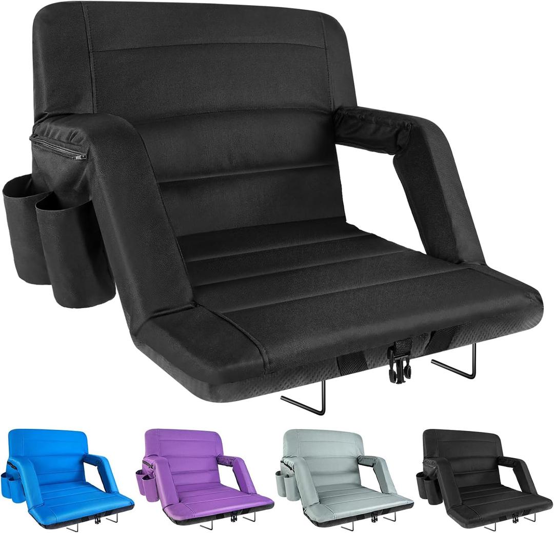 Stadium Seats with Back Support Wide, Exclusive Bleacher Chairs with Back and Cushion Folding Stadium Chairs, 6 Reclining Positions Waterproof Bleacher Seats with 2 Hooks (Wide|22.5" Black)